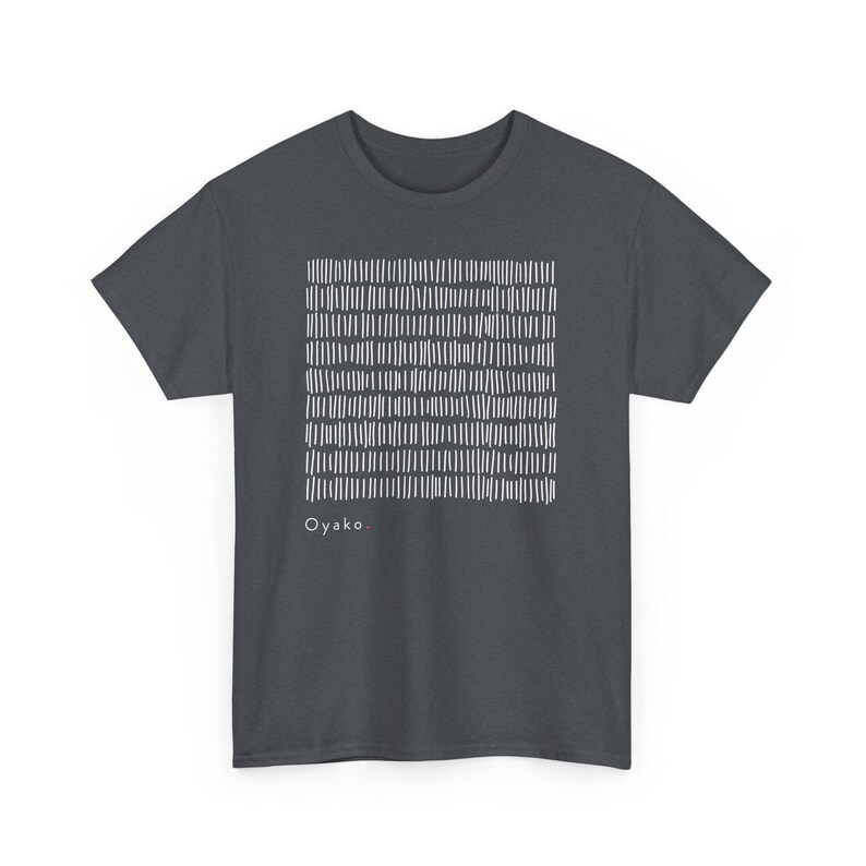 May include: Dark gray t-shirt with a white, grid-like pattern of vertical lines. The word "Oyako" is printed in white at the bottom left of the design. The shirt is a basic crew neck style.