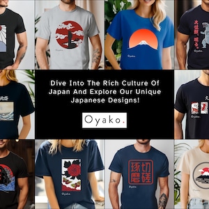 May include: Collection of graphic t-shirts with Japanese-inspired designs. The shirts feature illustrations of Mount Fuji, Godzilla, traditional art, and Japanese text. The brand name "Oyako" is also visible.