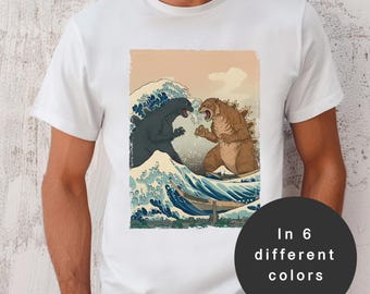Godzilla vs. Catzilla T-Shirt – Japanese Wave Art, Monster Battle Tee, Anime Kaiju Shirt, Traditional Ukiyoe Wave Style