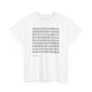 May include: White t-shirt featuring a black, rectangular pattern of vertical lines. The design is centered on the shirt and includes the word "Oyako." in a minimalist font at the bottom left of the design.