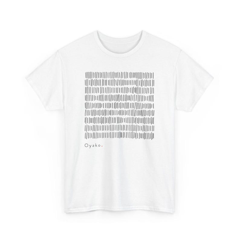 May include: White t-shirt featuring a black, rectangular pattern of vertical lines. The design is centered on the shirt and includes the word "Oyako." in a minimalist font at the bottom left of the design.