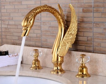 Badezimmer-Becken-Hahn, goldener Messingschwan-Hahn, Badezimmer-Befestigung, Badezimmer