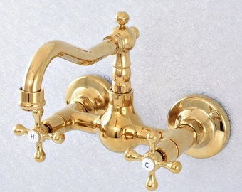 Polished Gold Color Brass Wall Mounted Double Cross Handles Bathroom Kitchen Sink Faucet Mixer Tap Swivel Spout