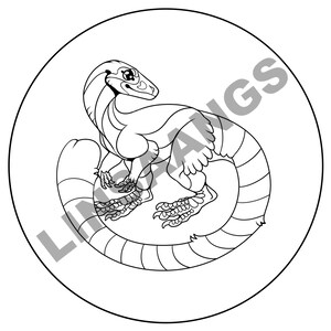May include: A black and white line drawing of a dinosaur with a long tail curled around its body. The dinosaur has large eyes and a small head.