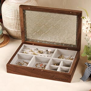 Custom Walnut Wood Jewelry Box, Glass Lid, Personalized Gift