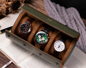Customized watch box, 3 watches watch roll, Leather Watch roll green, Gifts for men, groomsmen gifts, Travel gift, Christmas gifts for him
