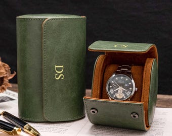 Spersonalizowane skórzane pudełko na zegarek, zielone skórzane etui na zegarek, etui podróżne na zegarek, prezenty dla drużbów ślubnych, prezent na Dzień Ojca, prezent na ukończenie szkoły