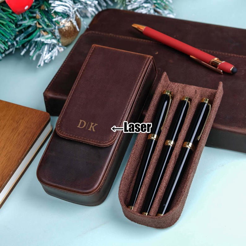 Personalization Crazy Horse Leather Pen Case, Fountain pen case, Pen Organizer Storage Holder, Office gifts, Travel Pen Case, Father's day image 5