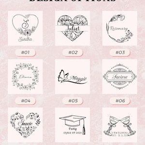 May include: A grid of nine black and white design options labeled #01 through #09. Designs include floral hearts, wreaths, a butterfly with the name Maggie, a graduation cap for Patty Class of 2026, and two champagne glasses for To New Beginnings.