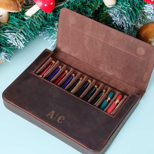 Personalization Crazy Horse Leather Pen Case, Fountain pen case, Pen Organizer Storage Holder, Office gifts, Travel Pen Case, Father's day image 3