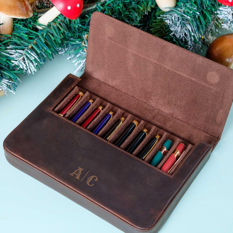 Personalization Crazy Horse Leather Pen Case, Fountain pen case, Pen Organizer Storage Holder, Office gifts, Travel Pen Case, Father's day image 3