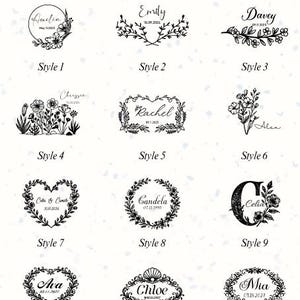 May include: A design style sheet featuring twelve distinct black and white floral logo options labeled Style 1 through Style 12. Each design incorporates names and dates within decorative botanical frames, wreaths, or arrangements on a white background.