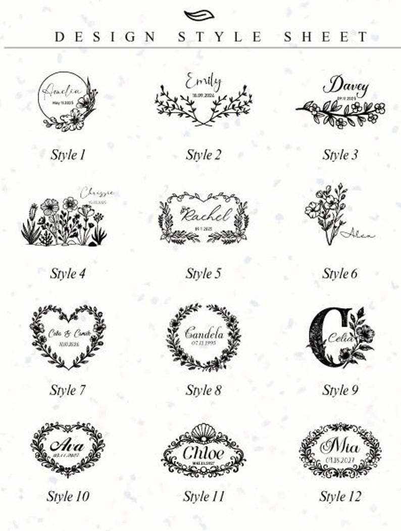 May include: A design style sheet featuring twelve distinct black and white floral logo options labeled Style 1 through Style 12. Each design incorporates names and dates within decorative botanical frames, wreaths, or arrangements on a white background.