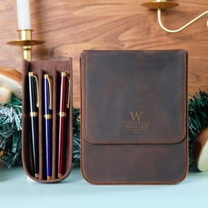 Personalization Crazy Horse Leather Pen Case, Fountain pen case, Pen Organizer Storage Holder, Office gifts, Travel Pen Case, Father's day image 2