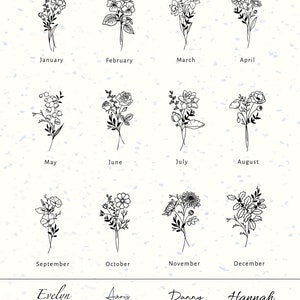 May include: A design style sheet featuring twelve black line art floral illustrations representing each month from January to December. Below the flowers are four font options labeled Font 1, 2, 3, and 4, with text examples Evelyn, Avery, Danny, and Hannah.