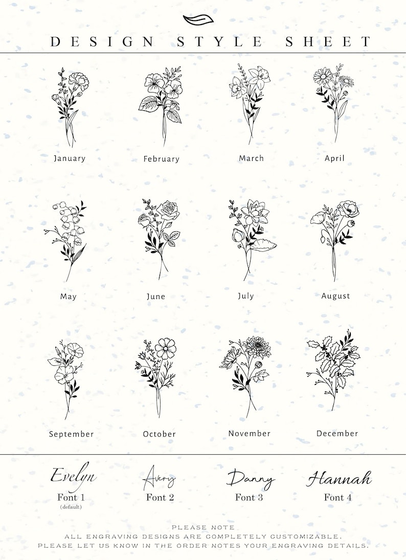 May include: A design style sheet featuring twelve black line art floral illustrations representing each month from January to December. Below the flowers are four font options labeled Font 1, 2, 3, and 4, with text examples Evelyn, Avery, Danny, and Hannah.