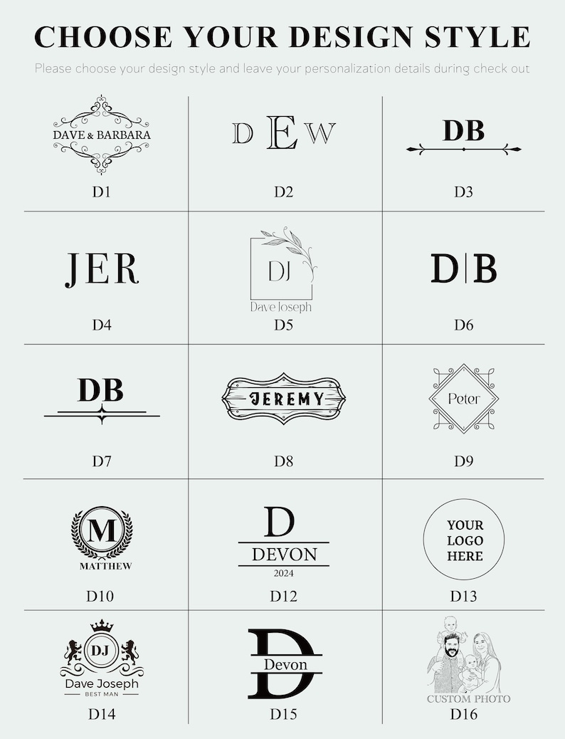 Może przedstawiać: Jasny obraz tła z siatką opcji projektowych do personalizacji. Tekst u g&oacute;ry brzmi "WYBIERZ SW&Oacute;J STYL PROJEKTOWY". Wyświetlane są r&oacute;żne opcje tekstowe i graficzne, w tym inicjały, imiona i opcja zdjęcia niestandardowego.