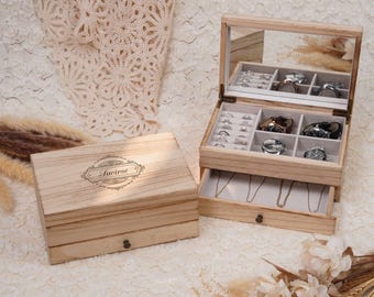 Personalized Wooden Jewelry Box for Women, Retro Jewelry Box, Wide Jewelry Box with drawer, Christmas Gift, Jewelry organizer Storage