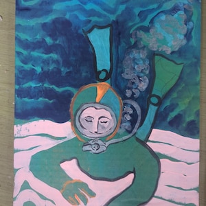Deep Sea Serenity: Original handgemaltes Taucher-Acrylgemälde auf Karton 20 x 25 cm Kunstwerk von Becky Kazana