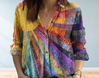Camicetta floreale con sole, top casual boho, camicia vintage anni '70 con stampa patchwork, camicia da donna con sole colorato, regalo in stile hippie retrò per lei
