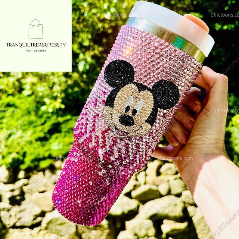 Custom Mickey Mouse Rhinestone Tumbler 40Oz, Disney Bling Tumbler, Disneyworld Glitter Faux Tumbler, Disneyland Movie Cartoon Cups