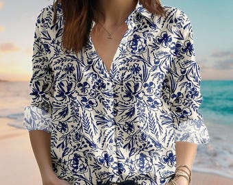 Retro Blouse Shirt, Vintage Botanical Women Shirt, Elegant Casual Shirt, Romantic Cottagecore Shirt, Birthday Gift For Her