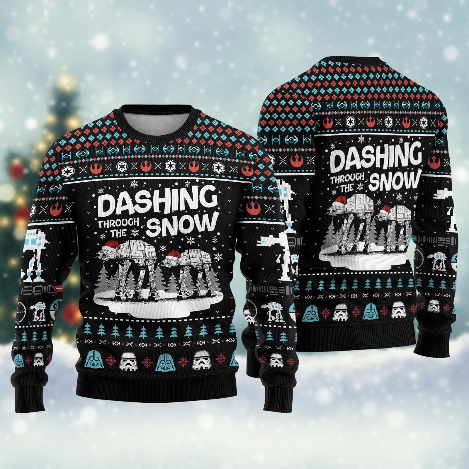 Discover Vintage Star Wars Dashing Through The Snow Christmas Ugly Sweater, AT-AT Walker Santa Holiday Sweater, Retro Sci-Fi Christmas Jumpers