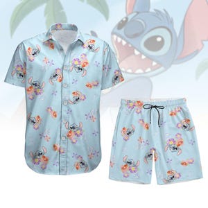 Camisa con botones florales de Stitch, pantalones cortos para hombre, camisa hawaiana de Lilo y Stitch, camisa hawaiana de dibujos animados de Disney, camisa tropical de película, camisa hawaiana