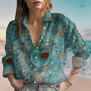 Boho Floral Linen-Look Shirt, Gardening Blouse Shirt, Nature Casual Top For Women, Cottagecore Women Shirt, Summer Shirt, Gift For Her