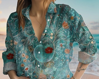 Boho Floral Linen-Look Shirt, Gardening Blouse Shirt, Nature Casual Top For Women, Cottagecore Women Shirt, Summer Shirt, Gift For Her