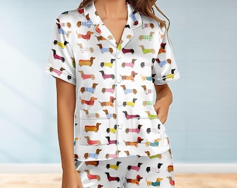 Dachshund Dog Satin Pajamas Set, Sausage Dog Women Pajamas, Wiener Dog Matching Family Pajamas, Dog Love Sleepwear, Bridesmaid Gifts