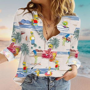 The Simpsons linnen look shirt, Simpsons Family vrouwen blouse, Bart, Homer, Marge Simpsons shirt, shirt Simpsons tv-serie, cadeaus voor haar