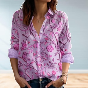 Boho Floral Blouse Shirt, Retro Flower Button Up Shirt, Gardening Long Sleeve Top, Vintage Botanical Women Blouse, Garden Gift for Her