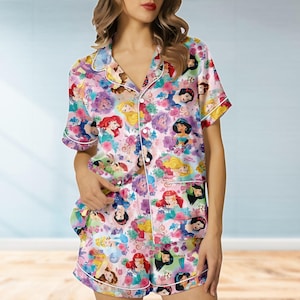 Disney Princess Satin Pajamas Set, Disney Ariel Jasmine Belle Women Pajamas, Bridesmaid Matching Sleepwear, Cute Pjs,Bridal Shower Gift