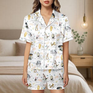 Winnie de Poeh satijnen pyjamaset, Disney cartoon vrouwenpyjama, Pooh Iejoor Knorretje Teigetje bruidsmeisjes bijpassende pyjama's, vrijgezellenfeestcadeau