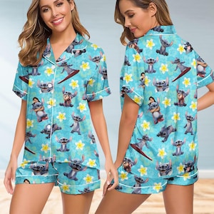 Stitch Movie 2025 Satin Pajamas Set, Disney Lilo And Stitch Floral Women Pajamas, Cartoon Flower Pajamas Short,Bridesmaids Matching Pjs