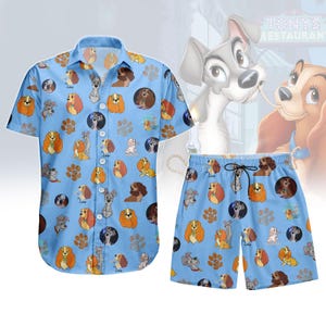Disney Lady And The Tramp Button Shirt, Men Shorts, Dog Cartoon Hawaiian Shirt, Lady Dog Summer Shirt, Cute Dog Shirt,Disney Lady Shirt