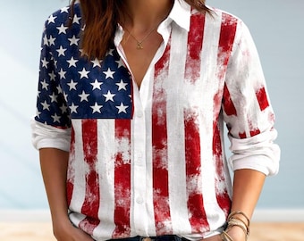 Maglietta da donna con bandiera USA, camicetta USA, maglietta casual patriottica, top per il Giorno dell'Indipendenza, maglietta per la festa del 4 luglio, camicia estiva con bottoni
