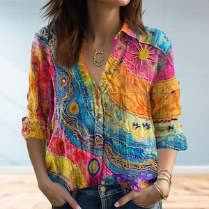 Vintage 70s Patchwork Printed Shirt, Sun Floral Blouse Shirt, Boho Casual Top, Colorful Sun Women Shirt, Retro Hippie Wear Gift for Her