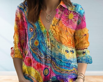 Namaakborduurwerk vintage jaren 70 patchwork gedrukt shirt, blouse met zon bloemen, boho top, kleurrijk shirt voor dames, retro hippiekleding cadeau voor haar