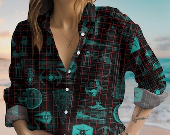 Camisa informal de Star Wars, camisa abotonada de películas de Disney, blusa de mujer de la Batalla de la Estrella de la Muerte, camisa de manga larga del Imperio, camisa de nave espacial