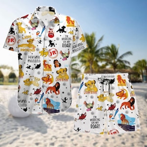 Camisa de botones de El Rey León, pantalones cortos para hombre, camisa hawaiana de Disney, camisa de Simba Nala Mufasa, camisa de dibujos animados, camisa de películas de Disney, camisa de verano