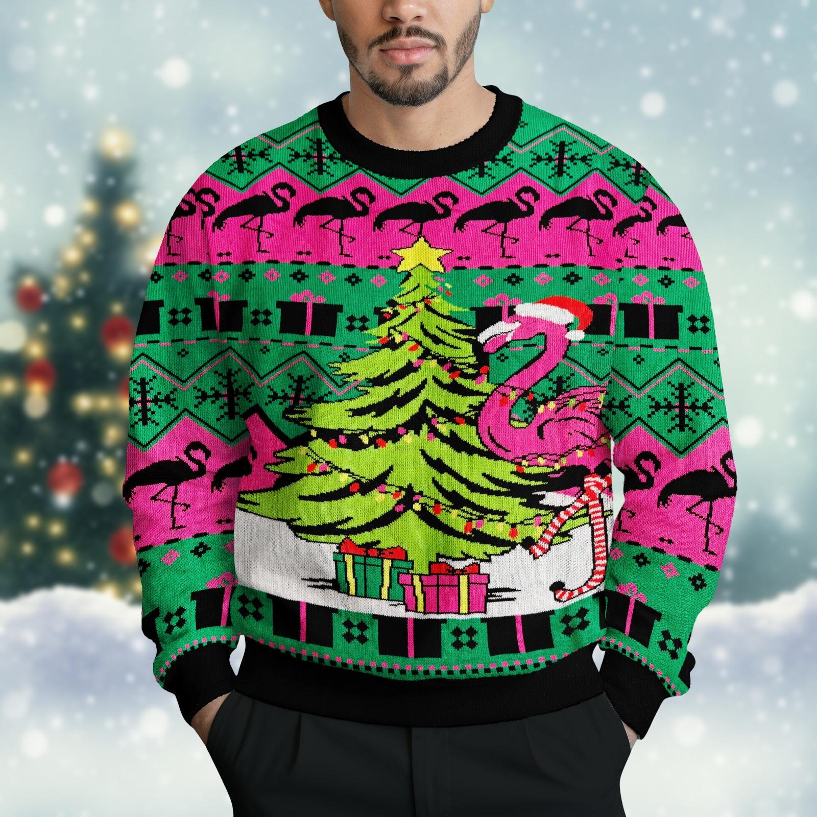 Discover Pink Flamingo Ugly Christmas Sweater Knit, Funny Flamingo Holiday Sweater, Flamingo Lovers Christmas Shirt, Xmas Gift For Men Women Kid