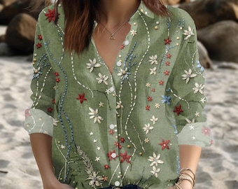 Camicia con ricamo finto di fiori selvatici, camicetta boho con stelle celestiali, top floreale stampato, abbigliamento retrò, camicia vintage con fiori per donna