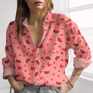 Watermelon Linen-Look Shirt, Fruit Print Casual Shirt, Colorful Fruit Women Shirt, Spring Spirit Blouse Shirt, Melon Shirt For Summer