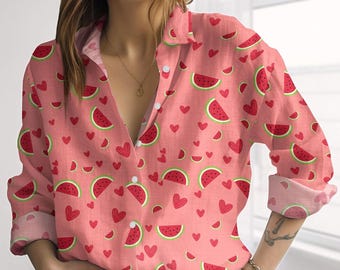 Watermeloenshirt, casual shirt met fruitprint, kleurrijk fruit damesshirt, blouseshirt lentegeest, meloenshirt voor zomer