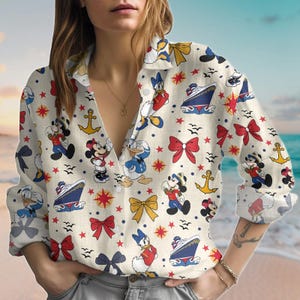 Disney Cruise Coquette Girls Linen-Look Shirt, Family Trip Casual Shirt, Mickey Cruise Women Blouse, Cartoon Dream Magic Button Shirt