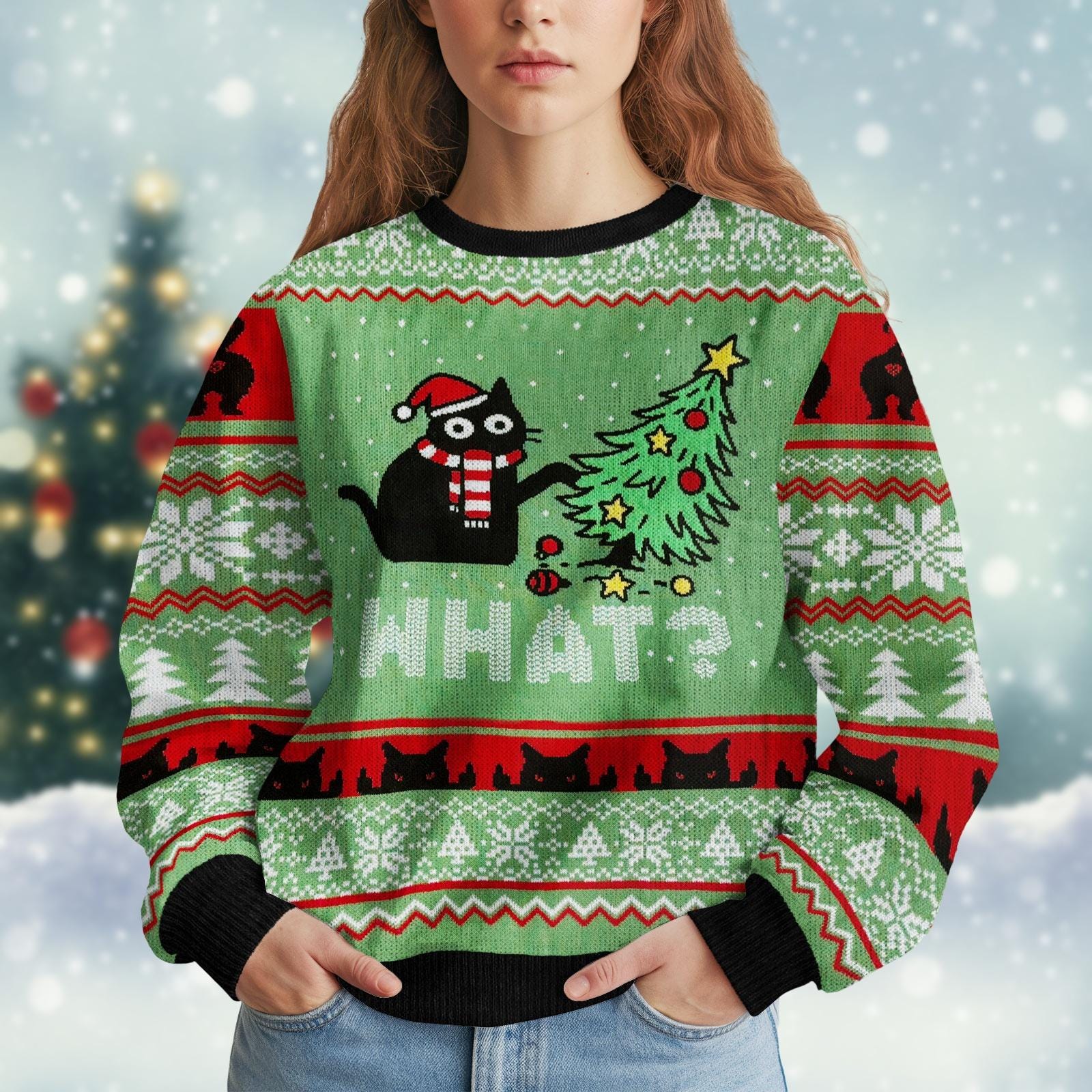 Discover Funny Black Cat What Ugly Christmas Sweater Knit, Cat Lover Holiday Sweater, Santa Cat Tree Christmas Shirt,Xmas Gift For Men Women Kid