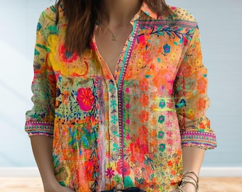 Camisa bohemia para mujer, camisa de manga larga con estampado de girasoles y paz, camisa abotonada, blusa floral colorida, top retro informal, regalo para ella.