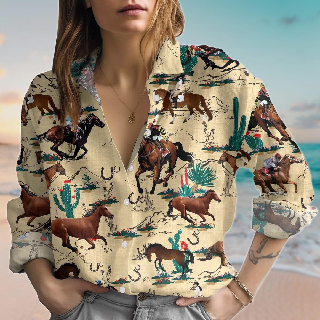 Women's Equestrian Style Pink Running Horse Print Long Sleeve Casual Shirt